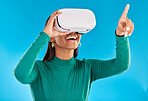 Woman with VR headset, metaverse and futuristic technology with simulation and gaming on blue background. Virtual reality, hand touch digital screen and video game, user experience and cyber space