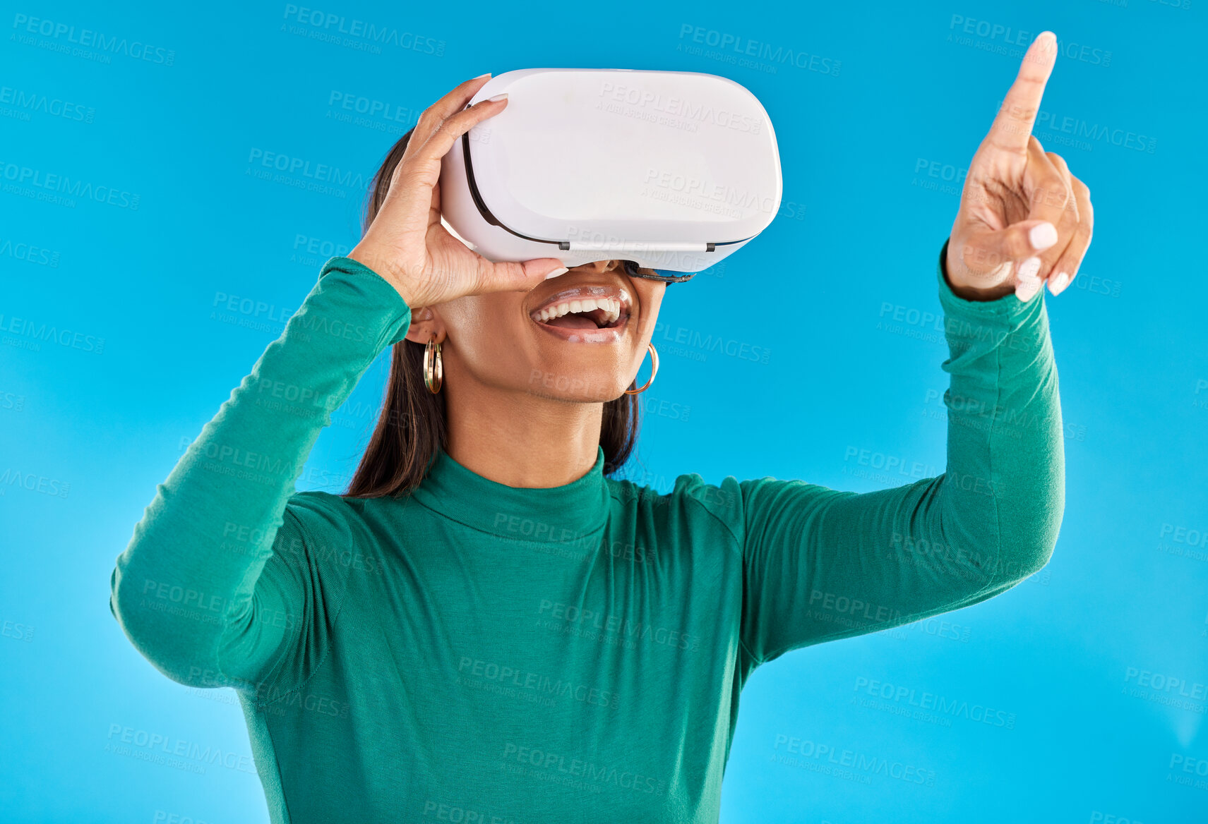 Buy stock photo Woman with VR headset, metaverse and futuristic technology with simulation and gaming on blue background. Virtual reality, hand touch digital screen and video game, user experience and cyber space