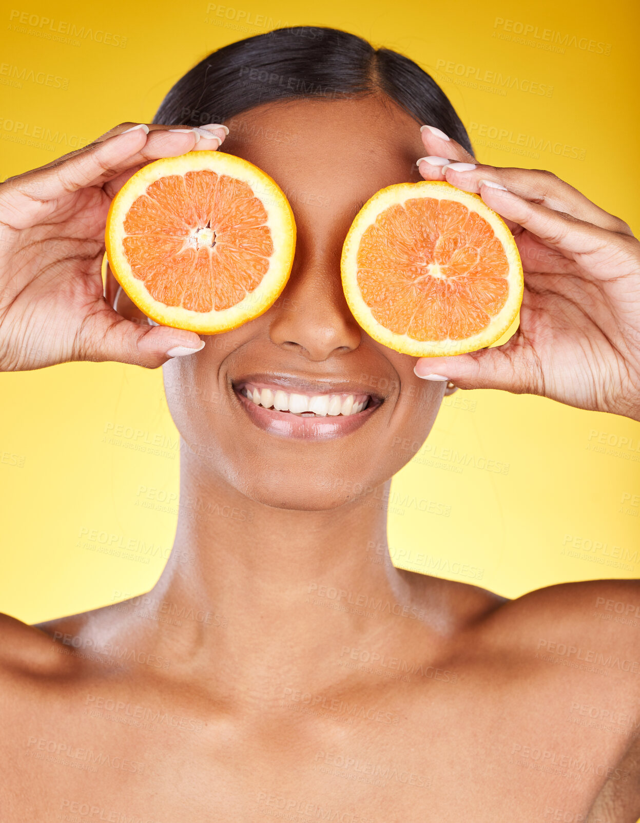 Buy stock photo Skincare, beauty and portrait of Indian woman with orange and facial detox with smile on yellow background. Health, wellness and model face with organic luxury cleaning and grooming cosmetics.