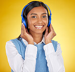 Black woman, studio portrait and headphones for music, smile or happy for makeup, beauty and aesthetic by background. Gen z model, streaming and student with cosmetics, fashion and audio on internet