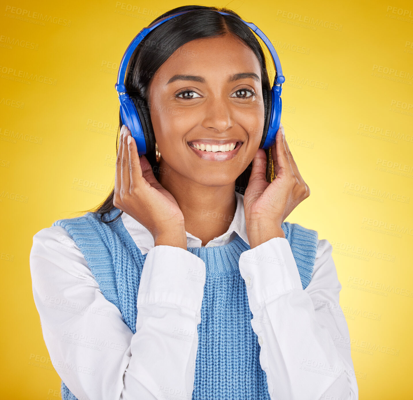 Buy stock photo Black woman, studio portrait and headphones for music, smile or happy for makeup, beauty and aesthetic by background. Gen z model, streaming and student with cosmetics, fashion and audio on internet
