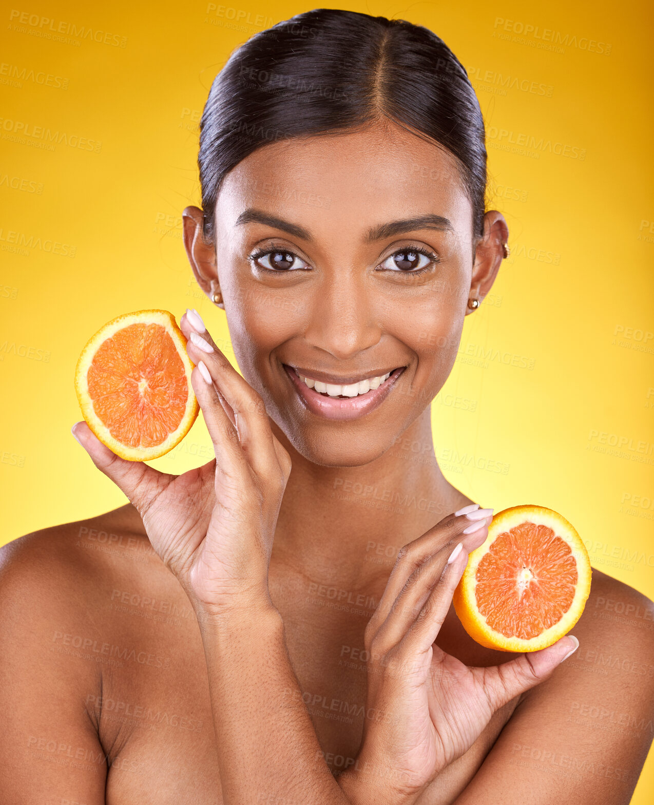 Buy stock photo Skincare, smile and portrait of Indian woman with orange and facial detox with smile on yellow background. Health, wellness and face of model with organic luxury cleaning and grooming cosmetics