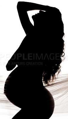 Buy stock photo Beauty, body and silhouette of a pregnant woman in a studio  with chiffon material, fabric or textile. Art, pregnancy and shadow figure of a beautiful maternal female model posing by white background