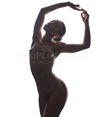 Buy stock photo Nude pose, sexy woman and beauty of body for art and creative erotic nudity in a studio. White background, isolated silhouette and young female model naked feeling seductive and sensual in shadow