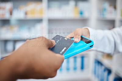 Buy stock photo Credit card, hands and payment tap technology for retail, healthcare and people in pharmacy drug store. Money, machine and shopping for prescription medicine, health insurance and customer buying