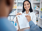 Shopping package instruction, pharmacy and customer buy prescription pills, medical supplements or healthcare medicine. Pharmacist support service, drugs store label and woman in hospital retail shop