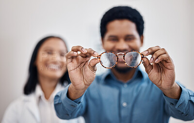 Buy stock photo Medical, eye care and vision with black man and glasses for you for decision, retail and optometry. Choice, frames and ophthalmology with doctor and patient for consulting, shopping and healthcare