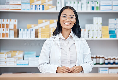 Buy stock photo Pharmacy portrait, medicine pills and happy woman in drugs store, pharmaceutical shop or healthcare dispensary. Hospital retail manager, inventory stock product or medical pharmacist for help support