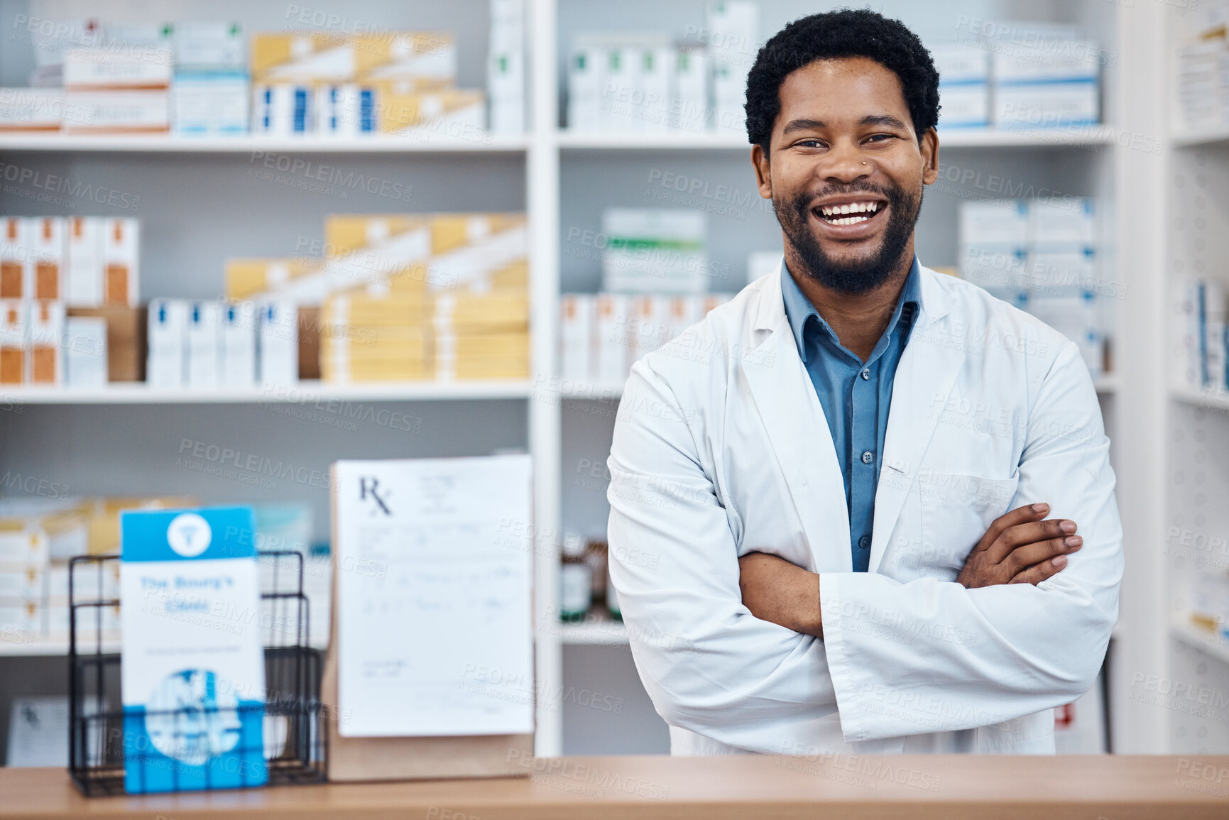 Buy stock photo Pharmacy portrait, medicine package and happy man in drugs store, pharmaceutical shop or healthcare dispensary. Hospital retail product, stock pills and African pharmacist for medical help support