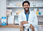 Pharmacy portrait, medicine pills and happy man in drugs store, pharmaceutical shop or healthcare dispensary. Hospital retail clerk, medical commerce business and African pharmacist for help support