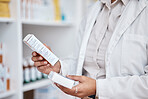 Pharmacy stock check, hands and inventory of medicine and pills. Pharmacist, work and pharmaceutical products ingredient reading in a retail shop or clinic with healthcare and wellness employee 