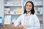 Pharmacy portrait, medicine package and pharmacist in drugs store, pharmaceutical shop or healthcare dispensary. Hospital retail manager, pills stock product and happy medical woman for help support