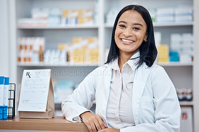 Buy stock photo Pharmacy portrait, medicine package and pharmacist in drugs store, pharmaceutical shop or healthcare dispensary. Hospital retail manager, pills stock product and happy medical woman for help support