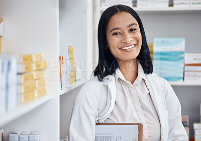 Buy stock photo Pharmacy portrait, product inventory and pharmacist stock take in drugs store, pharmaceutical shop or healthcare dispensary. Retail clinic, pills shelf or happy medical woman with clipboard checklist