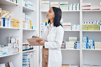 Buy stock photo Pharmacy clipboard, product inventory and woman stock take in drugs store, pharmaceutical shop or healthcare dispensary. Hospital retail clinic, check pills shelf or medical pharmacist with checklist