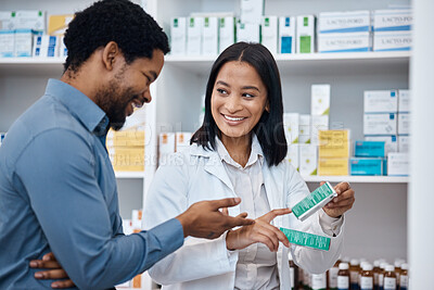 Buy stock photo Pharmacy product, customer or woman helping man with pills choice, pharmaceuticals decision or medicine shopping. Hospital retail shop, drugs store client or pharmacist for medical healthcare support