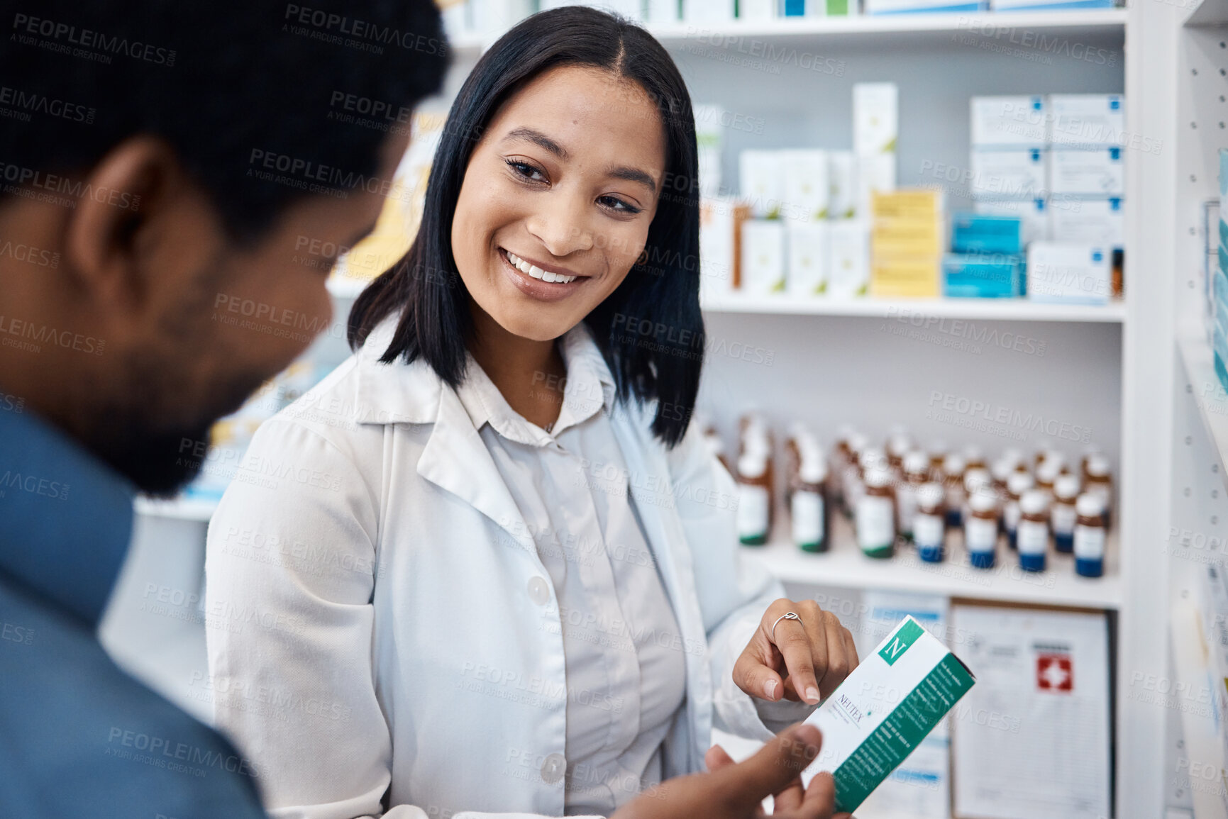 Buy stock photo Pharmacy product, client or woman helping man with pills choice, pharmaceuticals decision or medicine shopping. Hospital retail shop, drugs store customer or pharmacist for medical healthcare support