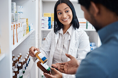 Buy stock photo Pharmacy medicine bottle, customer and woman help man with pills choice, pharmaceuticals decision or product shopping. Healthcare retail shop, drugs store client and pharmacist for medical support