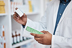 Pharmacy check, black man hands and medicine ingredients checking and pills. Pharmacist, drugs search and pharmaceutical products in a retail shop or clinic with healthcare and wellness employee 