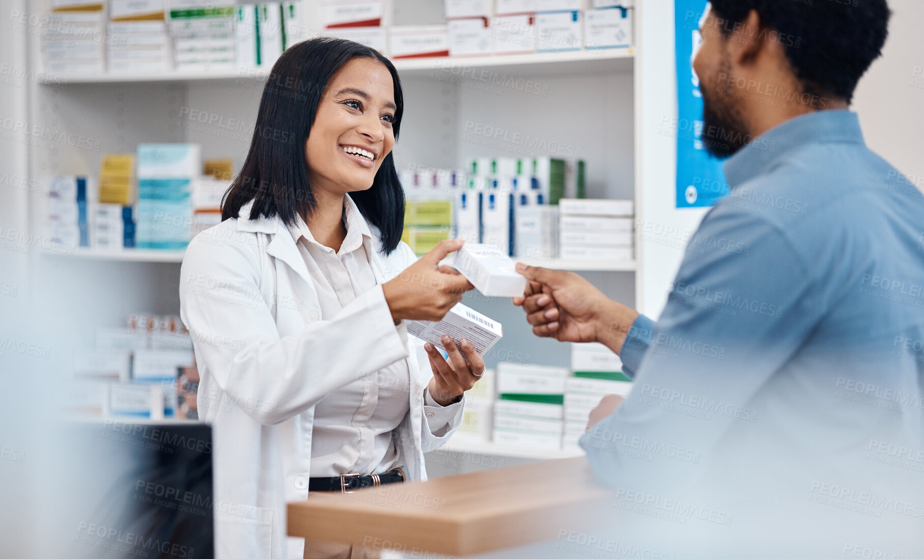 Buy stock photo Pharmacy product, customer and happy woman help man with pills choice, supplements decision or medicine shopping. Hospital retail shop, drugs store client or pharmacist for medical healthcare support