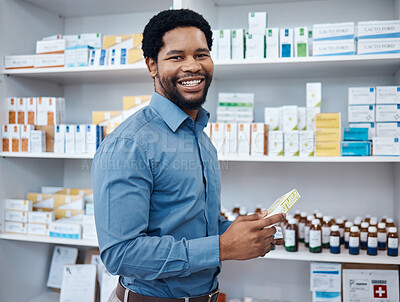 Buy stock photo Pharmacy portrait, customer and man shopping for medicine, supplements product or drugs store pharmaceutical. Retail hospital shop, pills shelf and African client for medical healthcare choice