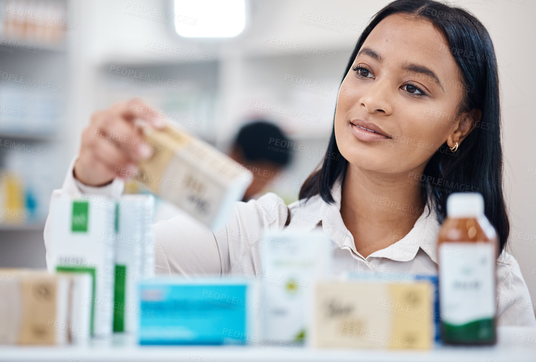 Buy stock photo Client, pharmacy and woman with pills, medicine and in store for health, thinking and retail. Medical, female customer and lady with bottles, purchase and shopping for wellness, treatment and product