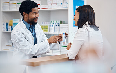 Buy stock photo Pharmacy, counter and pharmacist with medicine for customer for wellness, drugs and medical prescription. Healthcare, clinic and black man help, service and smile at client with medication products