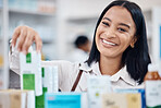 Pharmacy portrait, happy woman and customer shopping for medicine, supplements product or drugs store pharmaceutical. Retail hospital shop, clinic pills and client face for medical healthcare choice