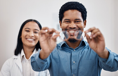 Buy stock photo Medical, eye care and portrait of black man and glasses for you for decision, retail or optometry healthcare. Choice, frames and ophthalmology with doctor and patient for consulting, shopping or lens