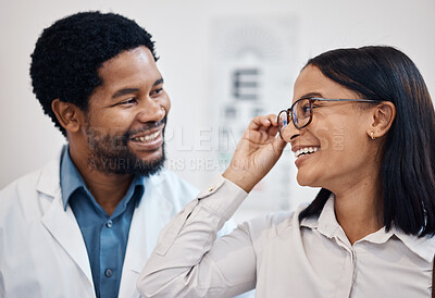 Buy stock photo Optometrist consulting client with glasses, vision and customer services, support and advice on lens frame. Happy black woman with professional person for eyes healthcare, retail help and store test