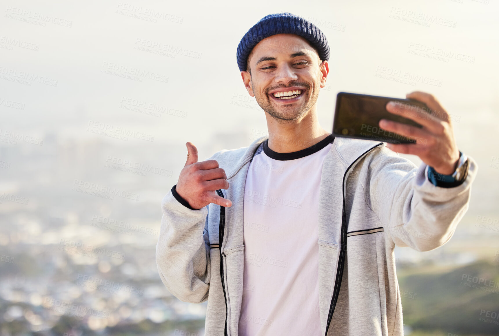 Buy stock photo Fitness, man and sunset with smile for selfie on mountain in social media, vlog or profile picture in nature. Happy male hiker smiling for photo, memory or online post in healthy wellness outdoors