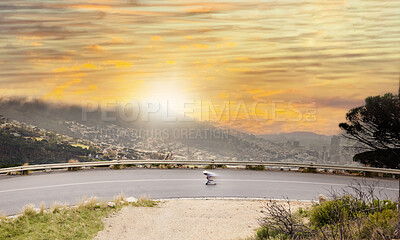 Buy stock photo Road, view and sunset with a skater man moving at speed on an asphalt street for sports in nature. Aerial, motion blur or skating and a male athlete outdoor to balance on a board to skate fast