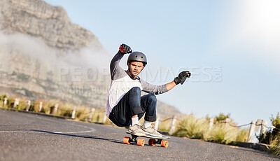 Buy stock photo Skateboard, action and man slide in road for sports competition, training and exercise on mountain. Skating, skateboarding and male skater riding for speed, adventure and freedom for extreme sport