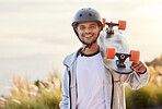 Smile, longboard and portrait of man with skateboarding hobby, skill and balance on road. Freedom, urban fun and face of happy gen z skateboarder, cool guy holding skateboard with happiness and sport