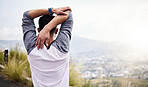 Man, back and fitness stretching arms on mockup in nature for hiking, travel or outdoor mountain exercise. Rear view of sport male in warm up arm stretch getting ready for trekking journey or workout