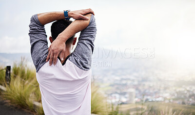 Buy stock photo Man, back and fitness stretching arms on mockup in nature for hiking, travel or outdoor mountain exercise. Rear view of sport male in warm up arm stretch getting ready for trekking journey or workout