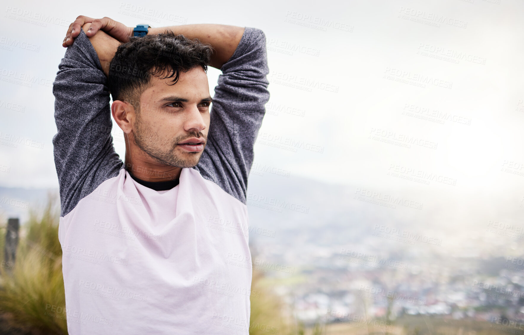 Buy stock photo Man, fitness and stretching arms on mockup in nature for hiking, travel or outdoor exercise on mountain. Sport male in warm up arm stretch getting ready or preparation for trekking journey or workout