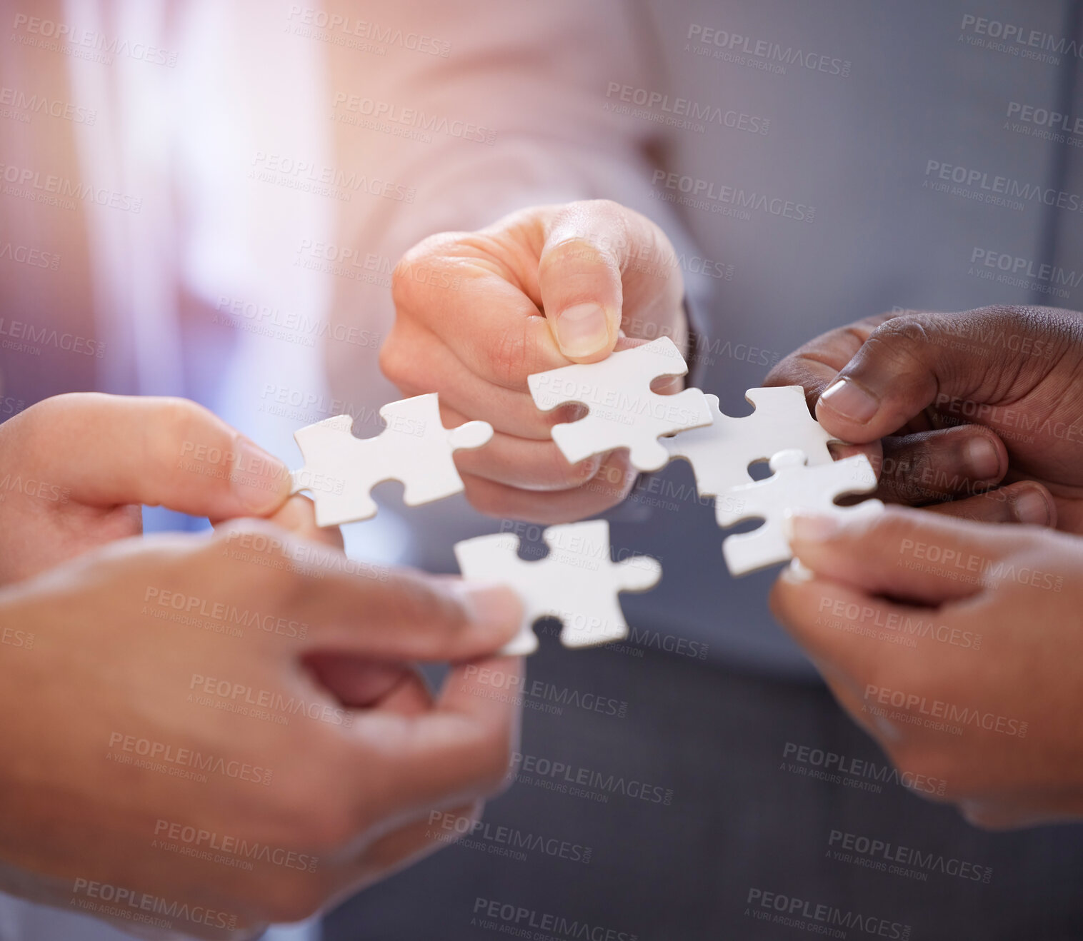 Buy stock photo Puzzle, group of people hands for solution, teamwork and workflow goals, achievement and success closeup. Team building game, project development and person problem solving, synergy or collaboration