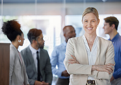 Buy stock photo Leadership, portrait and group of business people in the office together after a meeting. Management, diversity and confident female manager or ceo standing with a corporate team in the workplace.