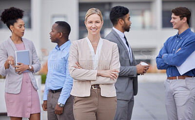 Buy stock photo Business people, leadership and portrait of woman outside office with smile and confidence on break from work. Manager, ceo and lady boss with employees networking and b2b with human resources team.