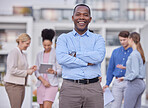 Business people, leadership and portrait of black man outside office with smile and confidence on break from work. Manager, ceo and boss with employees networking and b2b with human resources team.