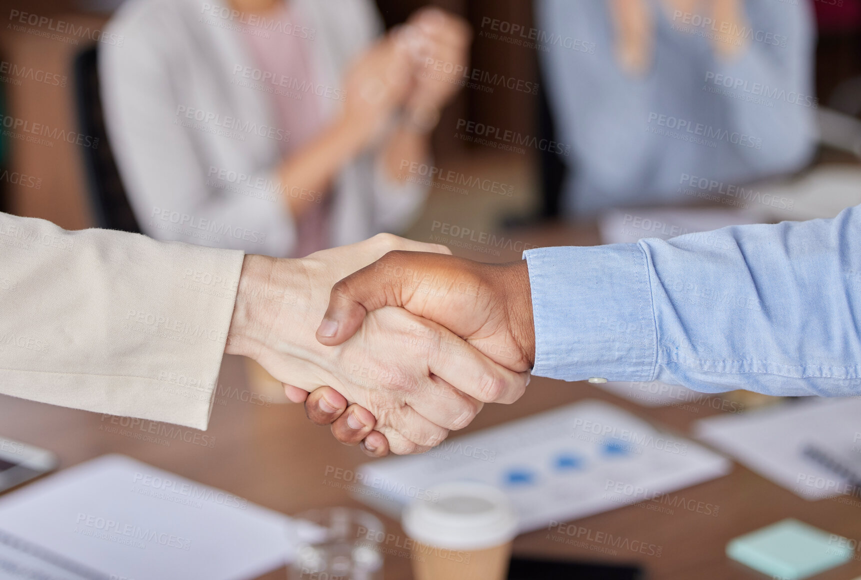 Buy stock photo Business partner, handshake and people in meeting for deal, b2b collaboration or congratulations. Man and a woman shaking hands for welcome, thank you and agreement or achievement in corporate office