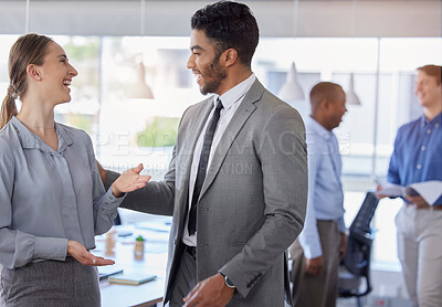 Buy stock photo Talking, friends and networking with business people in office for communication, relax and break. Corporate, professional and executive with man and woman in company for conversation with colleague 