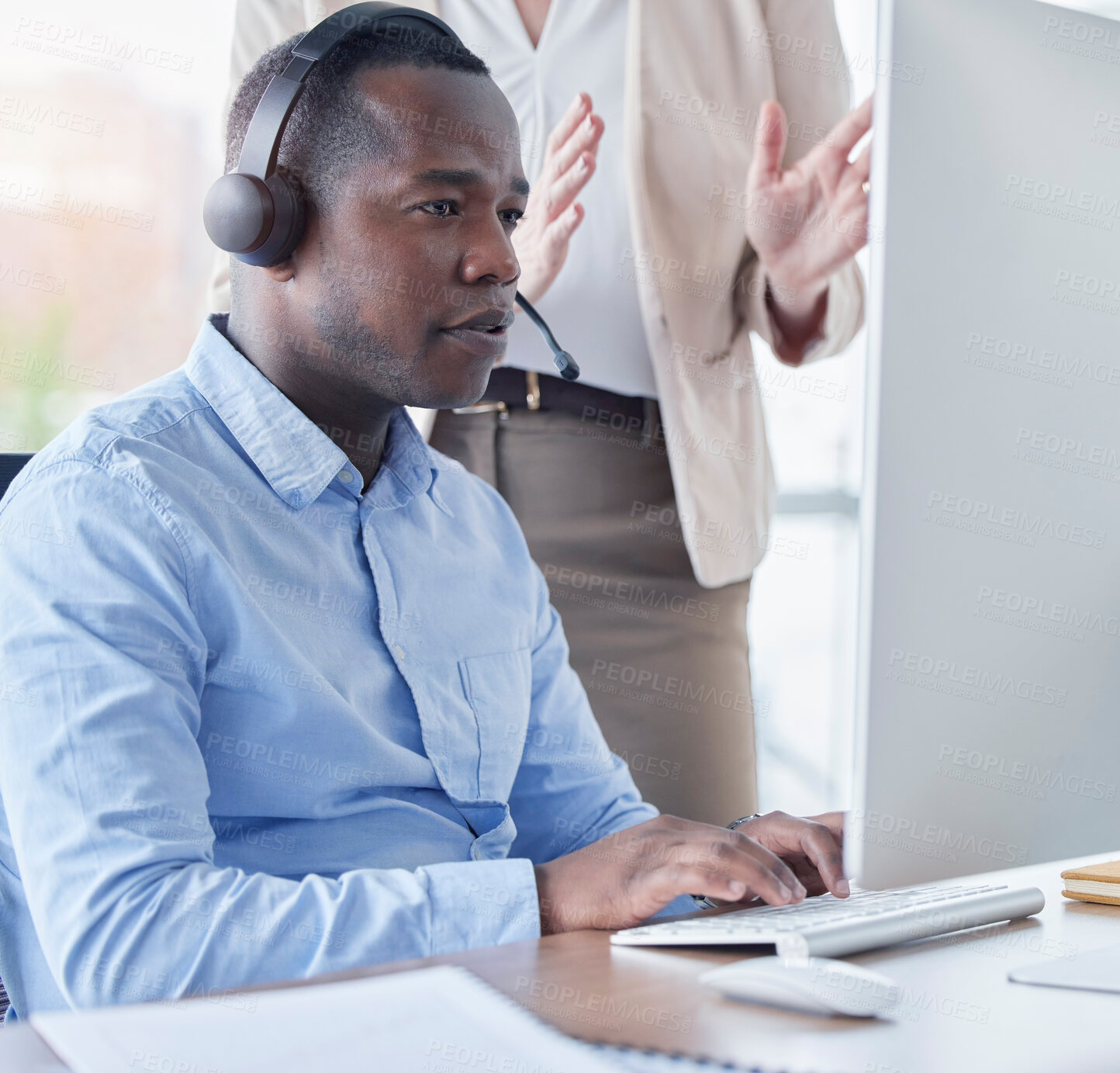 Buy stock photo Black man, call center and coach by computer for training in telemarketing, customer service or support at office. African American male intern consultant working on desktop PC with mentor in sales