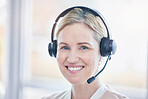 Call center, portrait and happy woman, consultant or agent in customer support, virtual communication and consulting service. Online tech advisor, telecom person or friendly worker face in headset