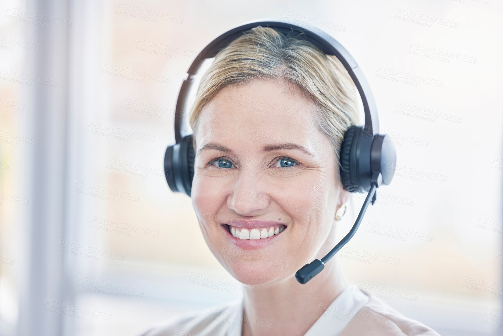 Buy stock photo Call center, portrait and happy woman, consultant or agent in customer support, virtual communication and consulting service. Online tech advisor, telecom person or friendly worker face in headset