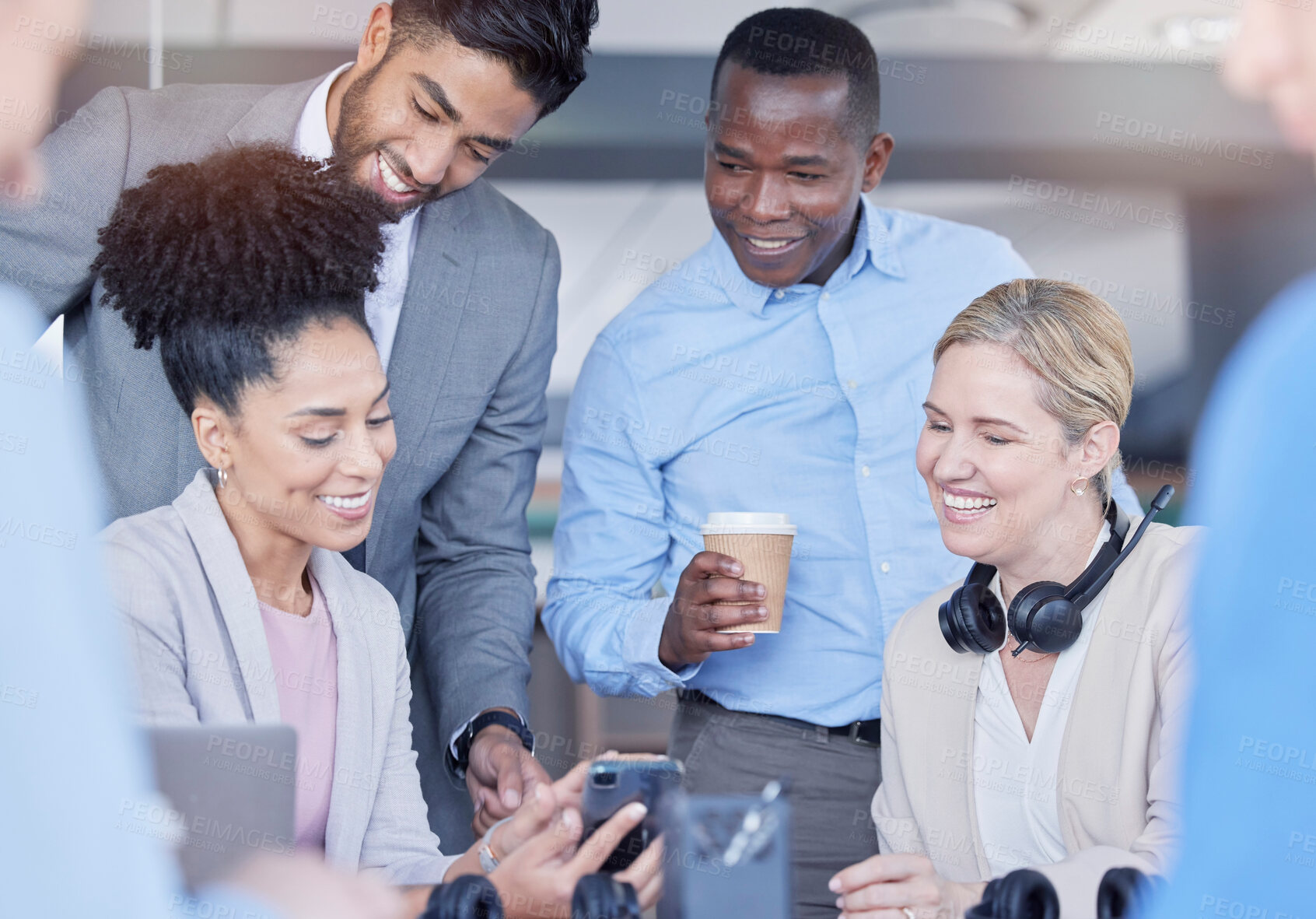 Buy stock photo Meeting, phone and group of business people in the office browsing on social media together. Discussion, diversity and corporate team or friends scrolling on the internet or mobile app with cellphone