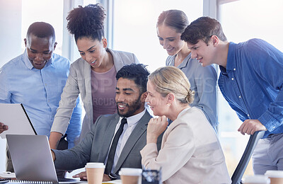 Buy stock photo Business people, laptop and collaboration in meeting, planning or idea for team strategy at office desk. Group of diverse employee workers sharing ideas in teamwork on computer for project plan