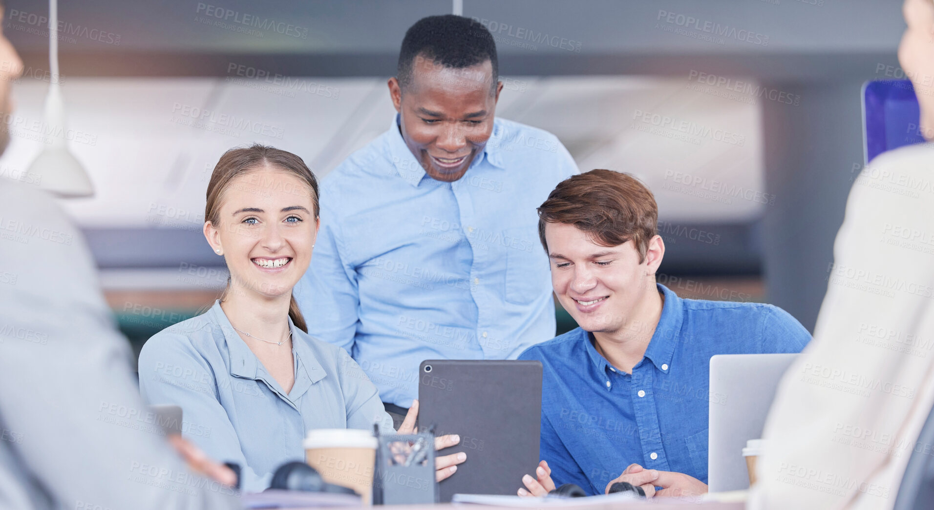 Buy stock photo Portrait, tablet or collaboration with a business woman and her team working in the boardroom on company training. Teamwork, meeting or planning with a female employee and group of people at work