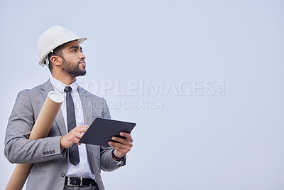 Buy stock photo Engineer, tablet and man thinking at construction site for development with mockup background. Architecture idea, technology and architect with touchscreen for web, research or internet in studio